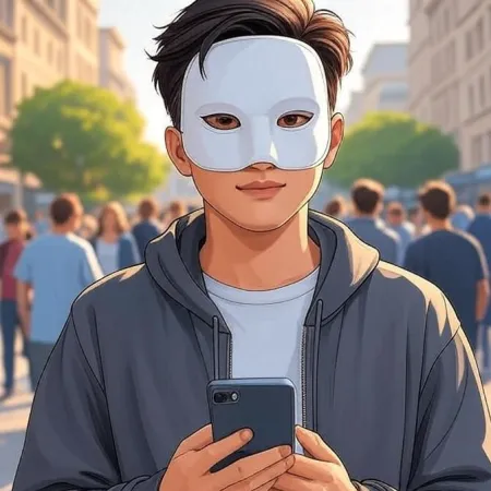 Un jeune homme de style animé portant un masque blanc et une veste à capuche grise, regarde la caméra tout en tenant un smartphone dans une rue animée.