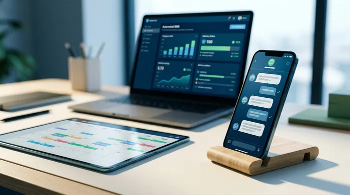 Une image divisée en deux parties montrant un smartphone : à gauche, une interface de messagerie avec une option de programmation d'envoi, et à droite, une notification de rappel sur un bureau en bois.