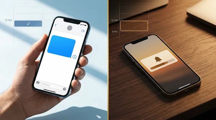 Un smartphone affichant une application de messagerie posé sur un comptoir de salon de coiffure en bois clair, accompagné de ciseaux professionnels et de produits de beauté en arrière-plan.