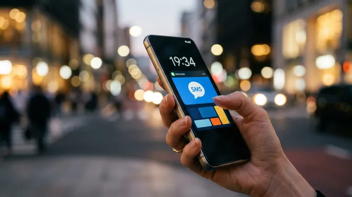 Une personne tenant un smartphone affichant une application de messagerie, assise à un bureau avec un ordinateur portable, un carnet de notes et une tasse de café.